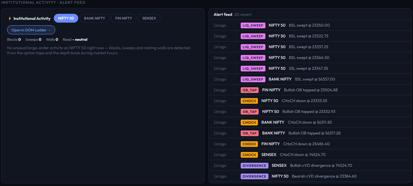 Institutional activity snapshot with blocks, sweeps and walls next to the live alert feed